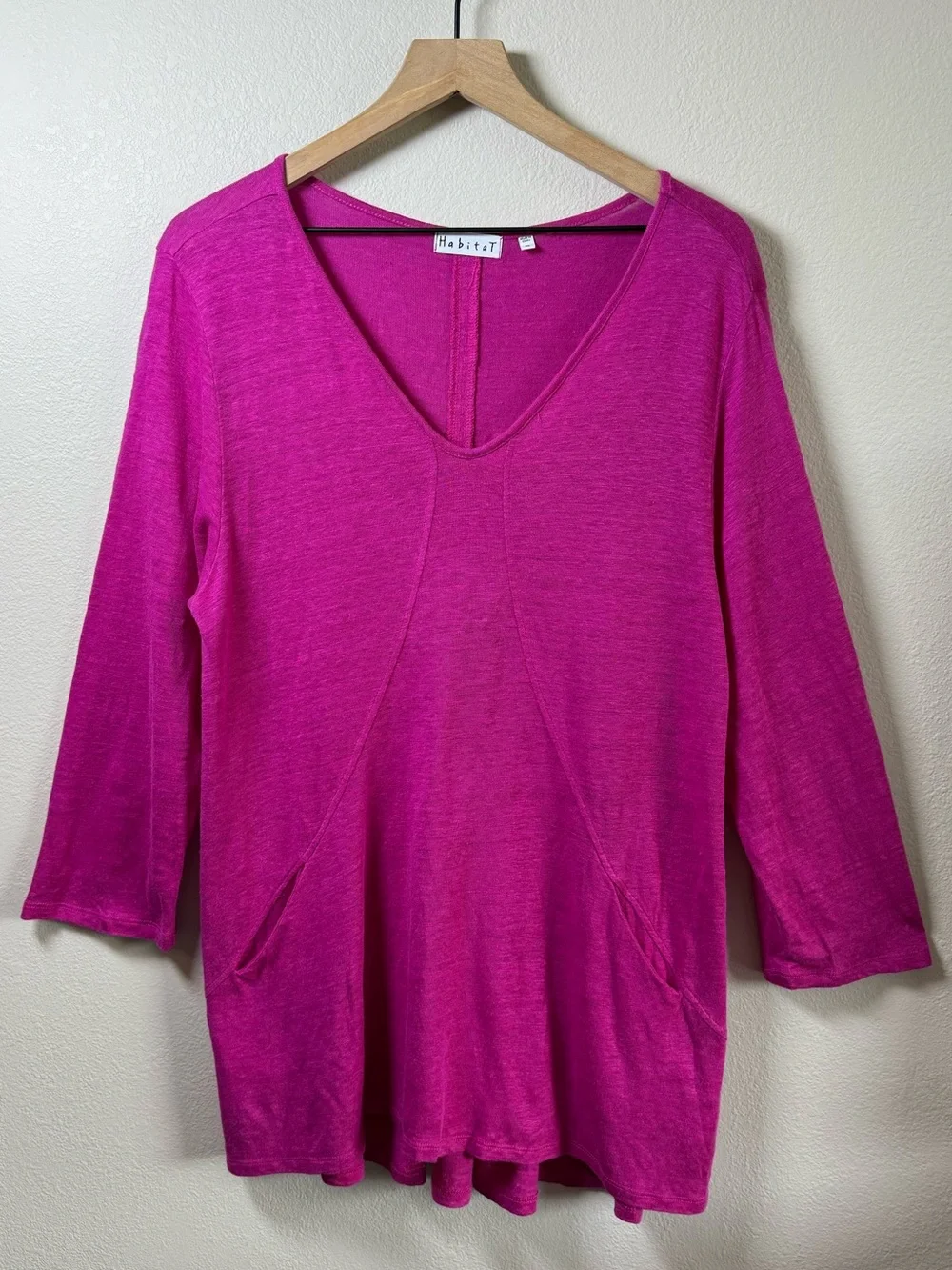 Habitat Linen Magenta Pink V Neck Long Sleeve Tunic Top Lagenlook Front Pockets